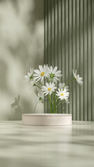 White daisy and green background 3D render template mockup of terrazzo texture podium in portrait
