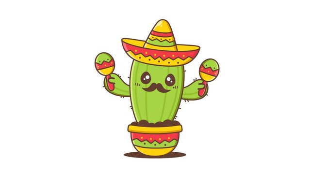 cute cactus waring sombrero with maracas