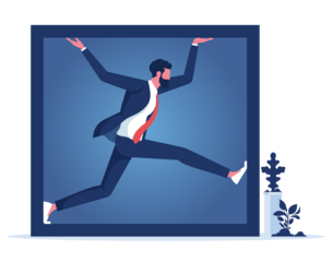 Businessman trapped inside uncomfortable small box, Claustrophobia, Fear of closed spaces