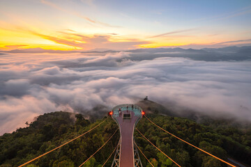 View point at the south of Thailand, landmark from top view of mountain with the fog and sunrise
