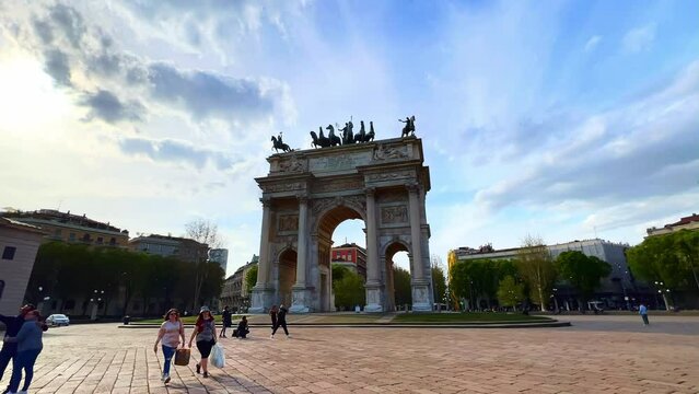 Timelapse on Piazza Sempione with Simplon Gate and fast clouds, Milan, Italy