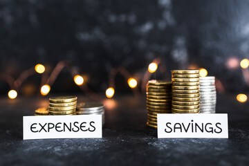 Expenses savings and investment text in front of growing stacks of coins. Concept of money,...