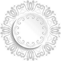 Round light vector frame with floral elements and arabesques. Pattern with arabesques. Fine greeting card