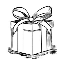 Hand drawn illustration of gift box present with ribbon bow, birthday surprise party celebration celebrate, discount sale. Black line ink sketch.