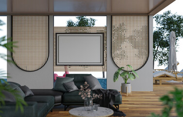 3D mockup blank photo frame in living room rendering