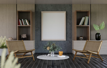 3D mockup blank photo frame in living room rendering