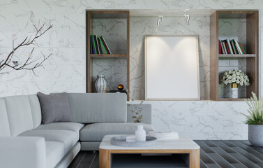 3D mockup blank photo frame in living room rendering