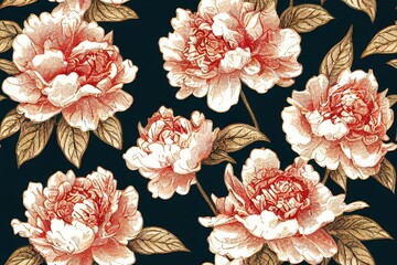 Floral garden bouquet. Oriental peony seamless background. Leaves flowers bloom botanical drawing vintage palnt