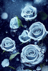 blue & white roses with water droplet and white snow background	
