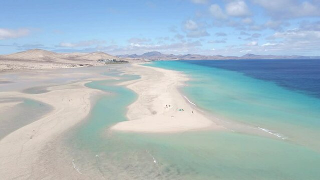Sotavento beach in Fuerteventura. Kite surfers and windsurfers famous place in Costa Calma, Canary Islands