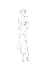 Beautiful fashion woman silhouette, girl in long dress, isolated black and white vector logo illustration on white background.