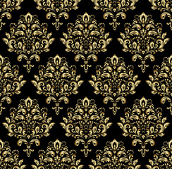 Wallpaper in the style of Baroque. Seamless vector background. Gold and black floral ornament. Graphic pattern for fabric, wallpaper, packaging. Ornate Damask flower ornament