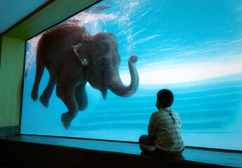 An elephant drive in the blue water