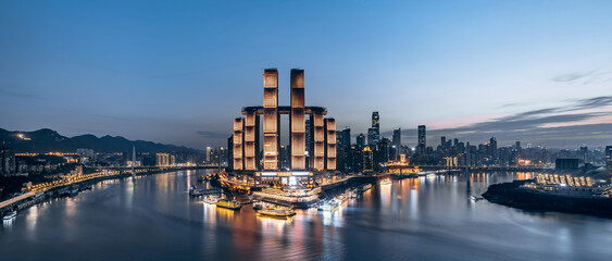 High angle night view of Chaotianmen Wharf in Chongqing, China