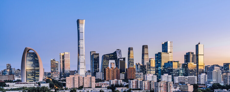 Fototapeta Night view of CBD buildings in Beijing city skyline, China