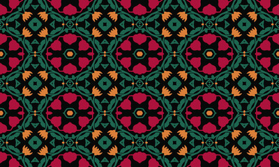 Red green flower pattern, repeated pattern, batik fabric pattern, Seamless repeated pattern design, textile fabric print, Women's long dress pattern design, vector vintage art illustration