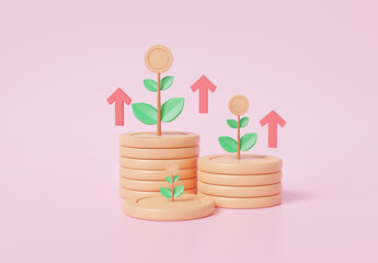Showing financial coins stacks growing investment with tree on money budget fund interest finance successful business development concept on pink background. Cartoon minimal. 3d rendering