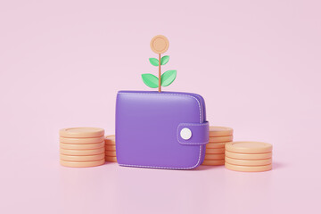 Wallet with tree showing financial coins stacks growing invest on money budget fund interest finance successful business growth development concept on pink background. Cartoon minimal. 3d rendering - obrazy, fototapety, plakaty
