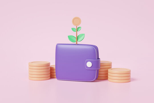 Wallet with tree showing financial coins stacks growing invest on money budget fund interest finance successful business growth development concept on pink background. Cartoon minimal. 3d rendering