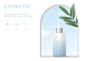 Cosmetics and skin care product ads template on white background with leaves.