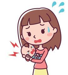 大泣きする赤ちゃんと焦る母親