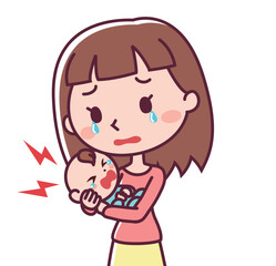 大泣きする赤ちゃんと涙を流す母親