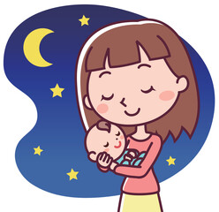 夜中にぐっすり眠る赤ちゃんと抱っこする母親