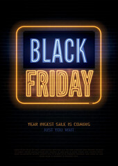 Black Friday Stylish blue yellow sale advert neon light on dark background. Big discounts realistic vector flyer template. Clearance luxury store special price offer banner design with copyspace