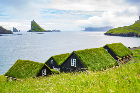 Faroe Islands, houses with grass on roof