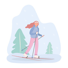 A young girl goes skiing through the forest