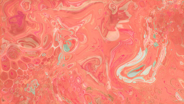 Elegant Marbling Background. Liquid Swirls in Beautiful Pink and Coral colors, with Gold Glitter.