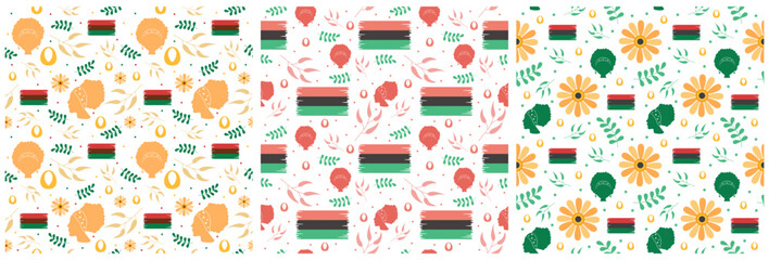 Set of Happy Kwanzaa Holiday African Seamless Pattern Design with Festival Style Element on Template Hand Drawn Cartoon Flat Illustration