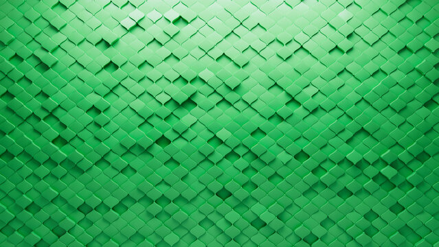 Futuristic, 3D Wall background with tiles. Green, tile Wallpaper with Arabesque, Polished blocks. 3D Render
