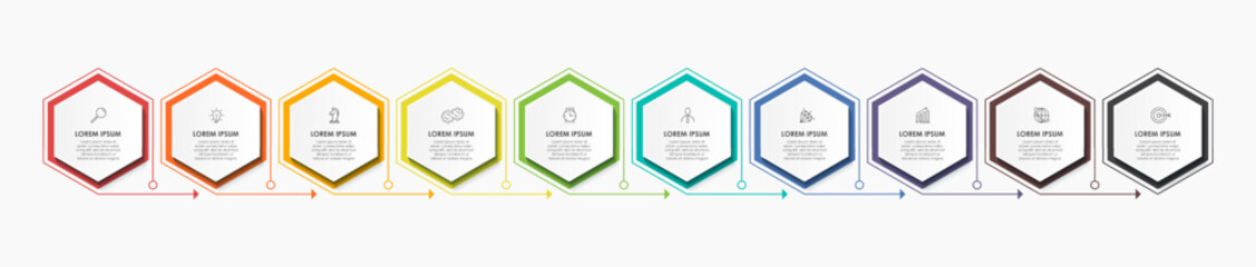 Business Infographic design template Vector with icons and 10 options or steps. Can be used for process diagram, presentations, workflow layout, banner, flow chart, info graph