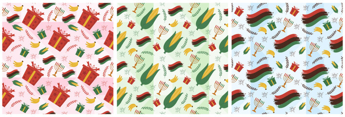 Fototapeta na wymiar Set of Happy Kwanzaa Holiday African Seamless Pattern Design with Festival Style Element on Template Hand Drawn Cartoon Flat Illustration