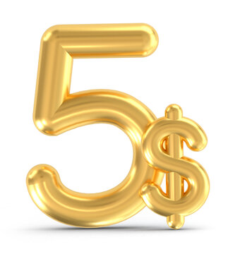 3d golden 5 dollar isolated on background. 3d illustration.
