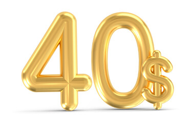 3d golden 40 dollar isolated on background. 3d illustration.