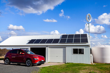 sustainable living concept - environmentally friendly electric car powered by solar and turbine