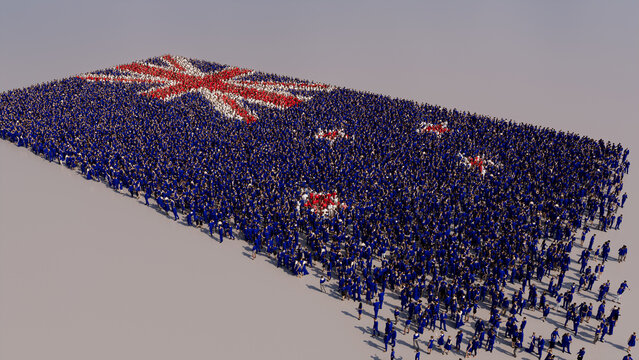 Aerial view of a Crowd of People, coming together to form the Flag of New Zealand. New Zealand Banner on White Background.