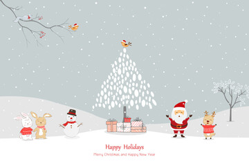 Merry Christmas and happy new year greeting card with Santa Claus and friends happy on winter