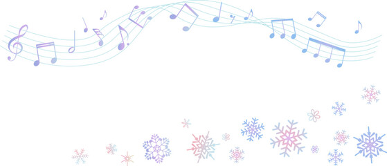 ペールトーンのグラデーションの雪の結晶と楽譜の背景イラスト　フレーム素材　ベクター素材