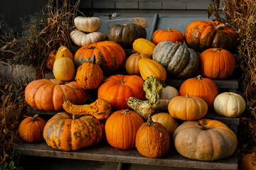 Autumn. Fresh and colorful pumpkins. Thanksgiving background. Halloween backdrop. A heap of pumpkins. Stack of variously colored and shaped pumpkins. Seasonal holiday concept.