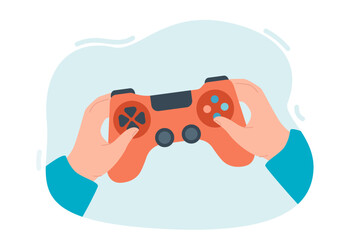 Hands of gamer holding gamepad to play video and PC games. Person gaming with gadget for computer console flat vector illustration. Hardware concept for banner, website design or landing web page © PCH.Vector