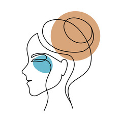 The face of a beautiful woman in the style of line art with colored spots