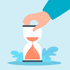 Hand holding hourglass timer with falling sand. Person counting minutes and hours to deadline flat vector illustration. Countdown, time control concept for banner, website design or landing web page