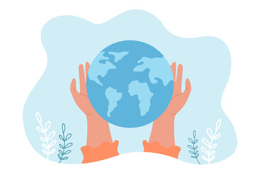 Hands holding planet earth flat vector illustration. Woman holding globe as sign of happy life, saving world, taking care of environment and future. Nature, ecology concept