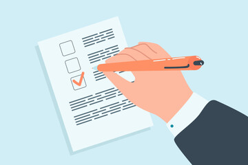 Hand checking box in document flat vector illustration. Man or businessman signing contract, voting in election or filling out ballot with red pen. Form, application, document concept - obrazy, fototapety, plakaty