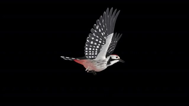 Woodpecker Bird - Black White - Flying Loop - Side View CU - 3D Animation with Alpha Channel