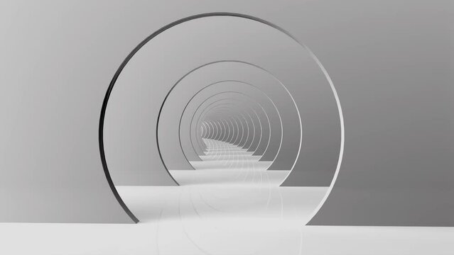 Flight through a futuristic white tunnel with round doors with white walls and bright light, 3d animation