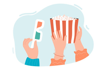 Hands holding box of popcorn and 3D glasses. Friends or couple getting ready for watching film or movie in cinema flat vector illustration. Entertainment, cinematography concept